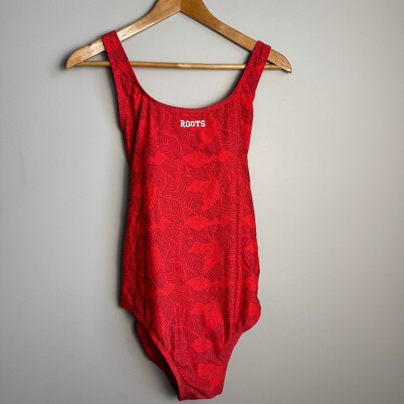 ROOTS Women's One-Piece Swimsuit 14 Allover Leaf Print Criss-Cross Straps Red - Picture 1 of 15